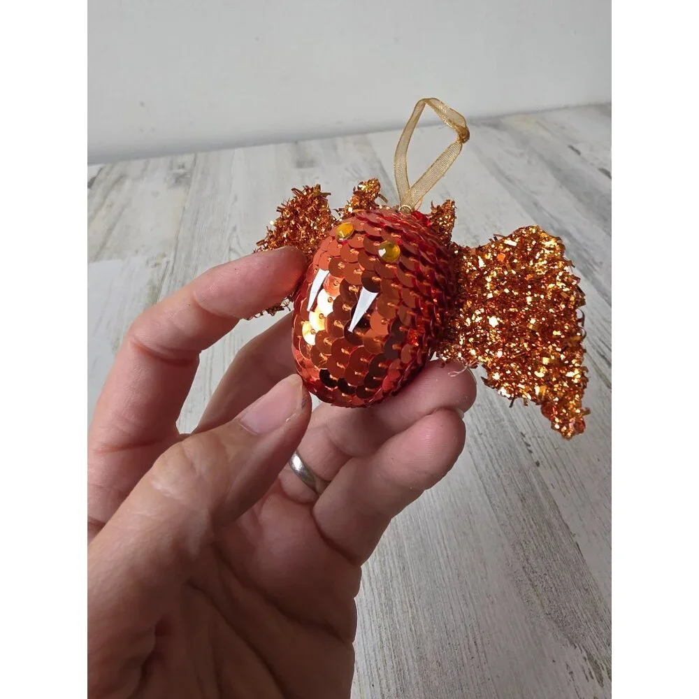 Vintage Pier 1 orange bat glitter‎ sequin ornament Halloween decor